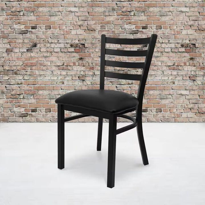 Hivvago Black Metal Dining Chair with Slatted Back and Vinyl Seat