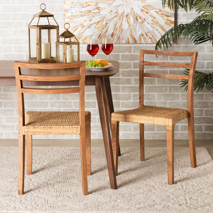 Baxton Studio Arthur Mid-Century Modern Walnut Brown Mahogany Wood and Natural Rattan 2-Piece Dining Chair Set