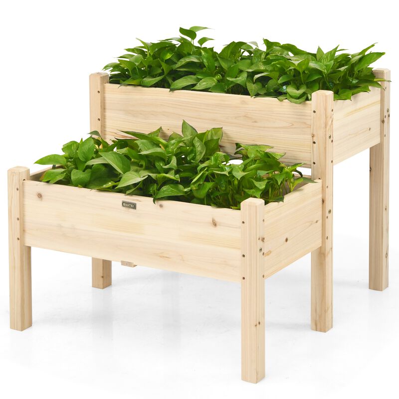 2 Tier Wooden Elevated Planter Box with Legs and Drain Holes for Balcony and Yard