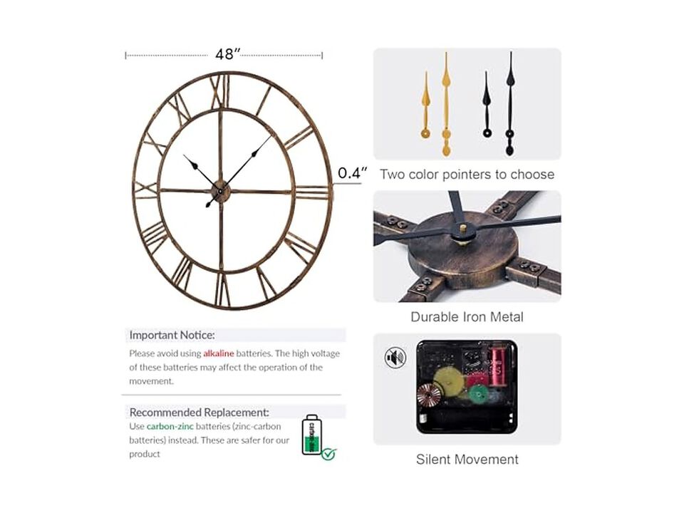 Assembly Farmhouse Metal Wall Clock 40 Inch Silent Non Ticking Living Room Decor