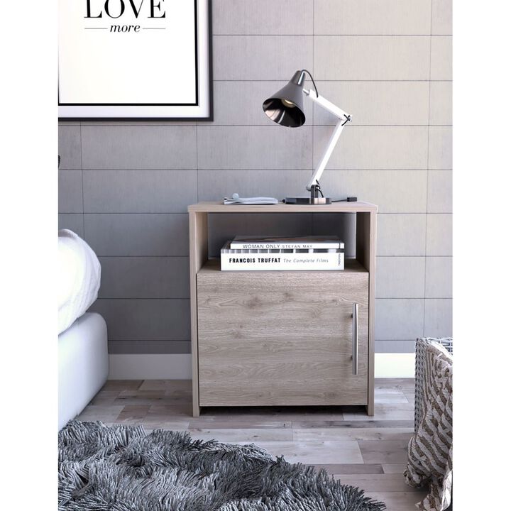 Nordico Nightstand, One Shelf, Single Door Cabinet, Metal Handle -Light Gray