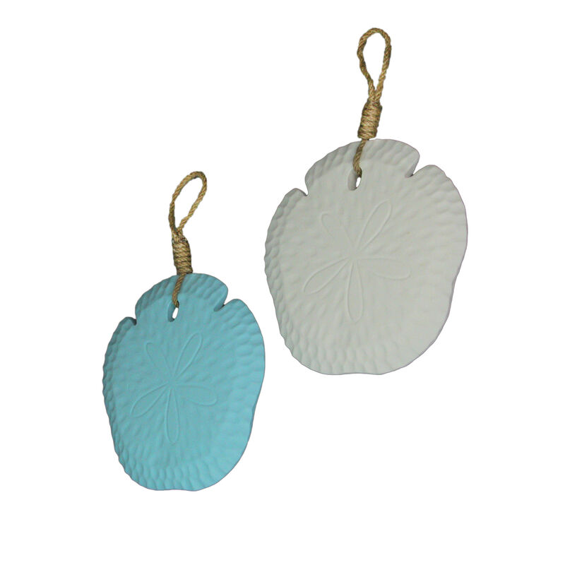 Set of 2 Wooden Sand Dollar Wall Hangings &ndash; Coastal Blue and White Decorations image number 2