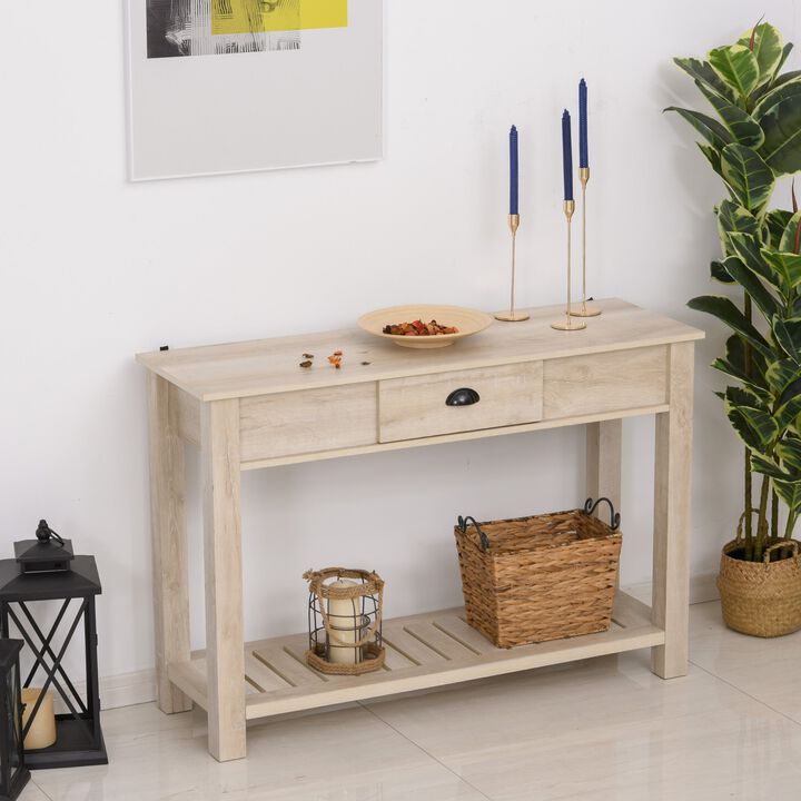 Console Table American Pastoral Desk with Drawer Bottom Shelf Living Room  Entryway  Bedroom White Oak Wood Color