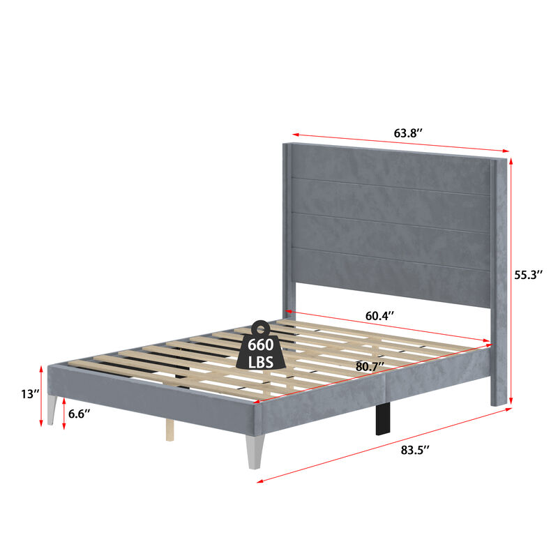 FUFU&GAGA Gray Upholstered Platform Bed with Padded Headboard, Reinforced Slat Support & Elevated Legs, Queen Size Bed Frame (83.5 in. L x 63.8 in. W x 55.3 in. H)