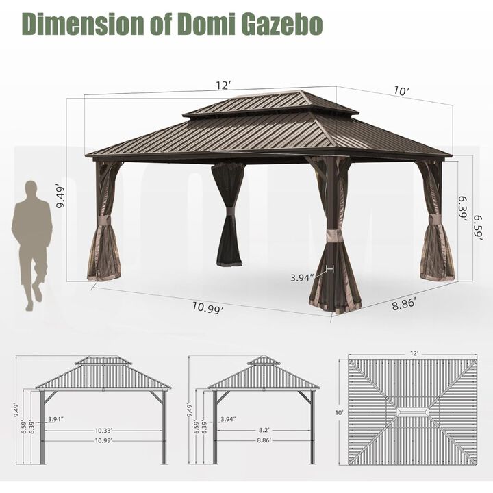 10' X 12' Hardtop Gazebo, Aluminum Metal Gazebo with Galvanized Steel Double Roof Canopy, Curtain and Netting, Permanent Gazebo Pavilion for Party, Wedding, Outdoor Dining, Brown