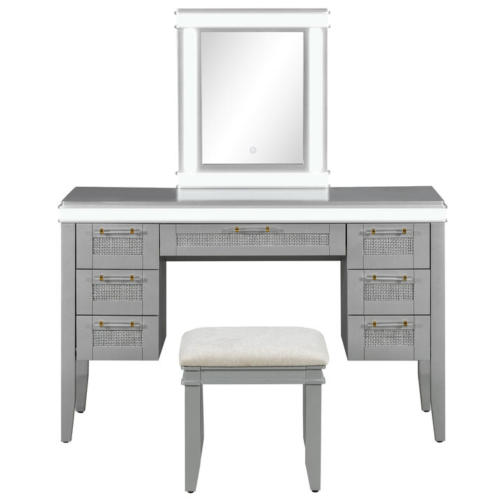 Merax LED Vanity Table with 7 Drawers & 3 Lighting Modes &ndash; Bamboo Weave Design, Cushioned Stool