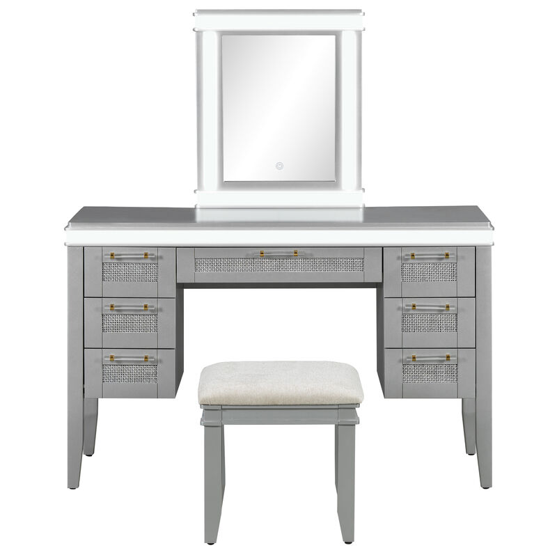 Merax LED Vanity Table with 7 Drawers & 3 Lighting Modes &ndash; Bamboo Weave Design, Cushioned Stool image number 0