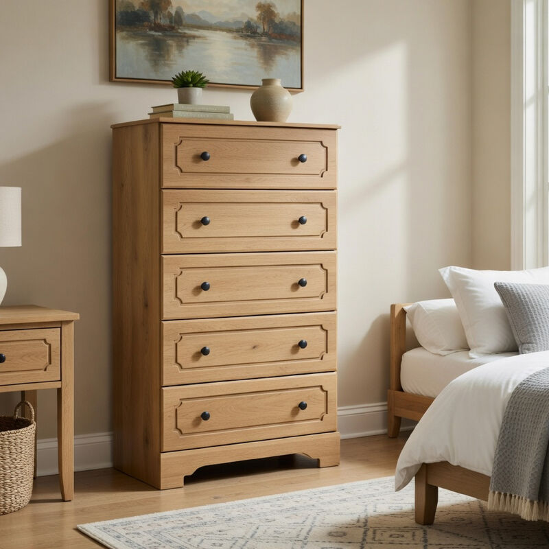 Alia Tall Dresser Chest, 5 Drawers, Nickel Knobs, Natural Oak Brown image number 8