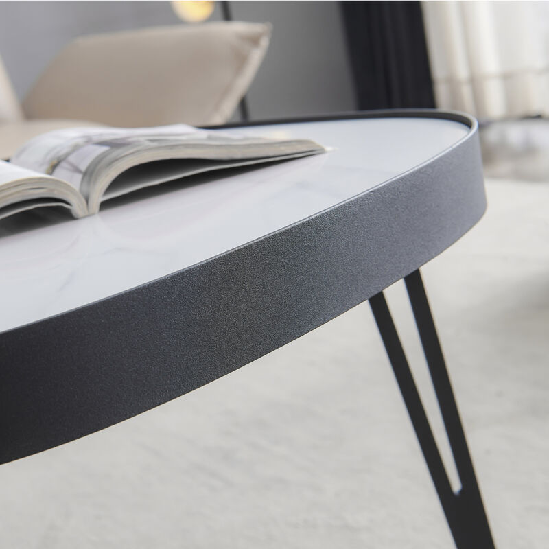 Modern coffee table, black metal frame with sintered stone tabletop