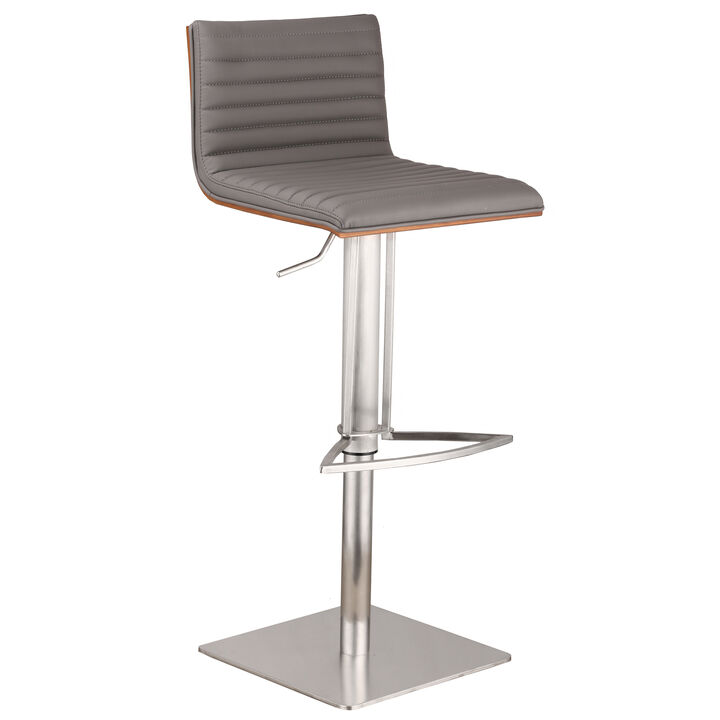 Caf&eacute; Adjustable Height Swivel Grey Faux Leather and Walnut Wood Stool with Brushed Stainless Steel Base