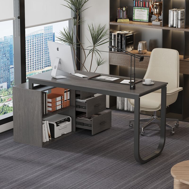 55.1 in. L-Shaped Gray Wood Writing Desk Corner Gaming Desk With 2-Tier Shelves and 3-Drawers Home Office Use