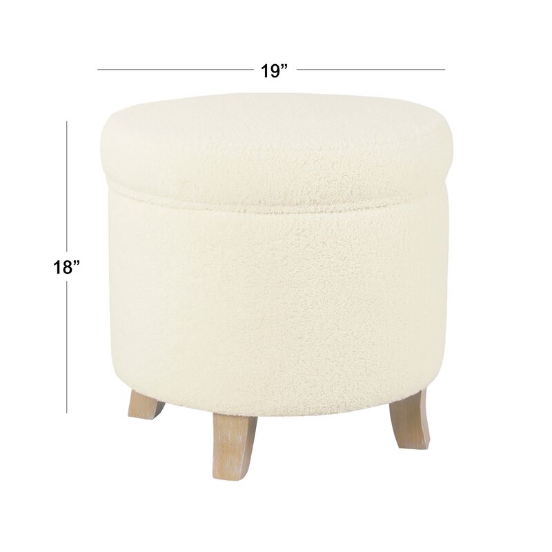 Loni Round Storage Ottoman, 19 Inch Beige Faux Sheepskin, Wood Legs image number 5