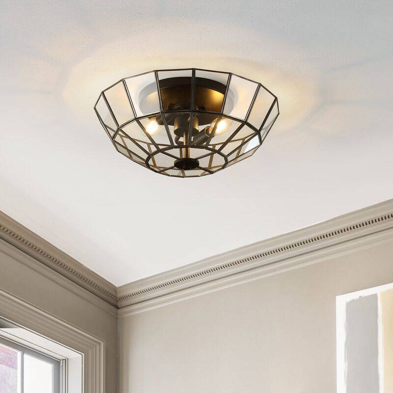 Theo 2-Light Farmhouse Rustic Iron/Glass LED Semi Flush Mount