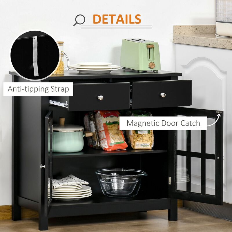 Black Dining Cabinet: Buffet with Glass Doors and 2 Drawers