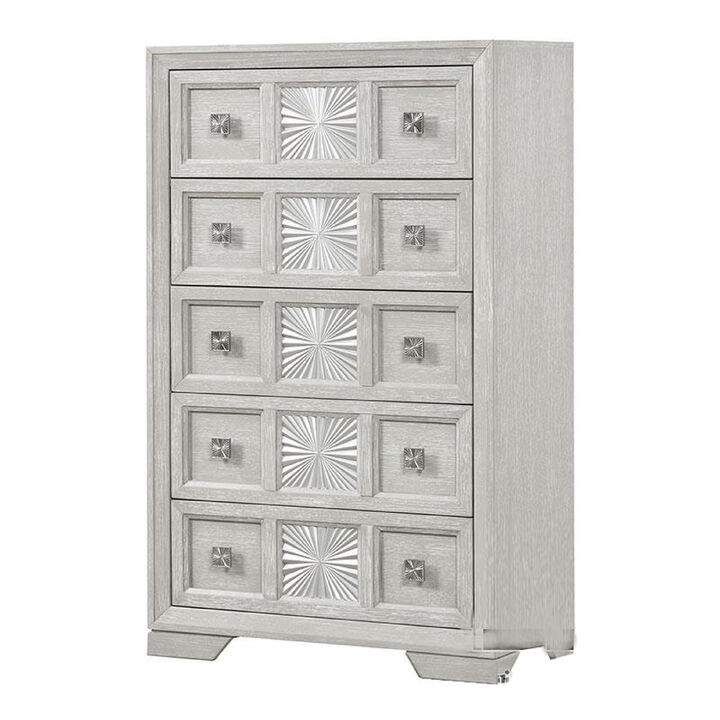 Diaz Tall Dresser Chest, 5 Drawers, Sunburst Metal Design, Light Gray - Benzara