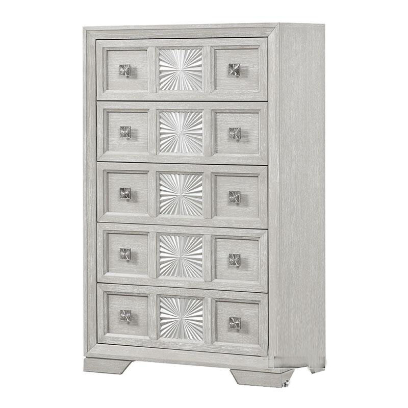 Diaz Tall Dresser Chest, 5 Drawers, Sunburst Metal Design, Light Gray - Benzara