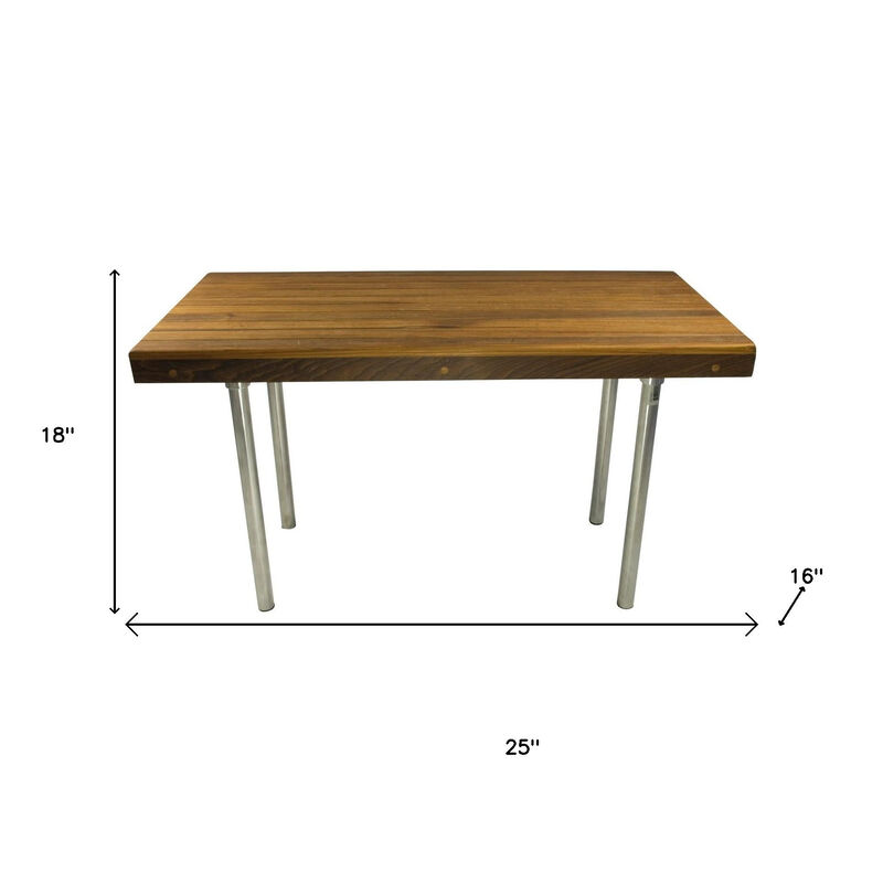 HomeRoots 18" X 25" Brown Teak And Stainless Steel Rectangular Shower Bench image number 2