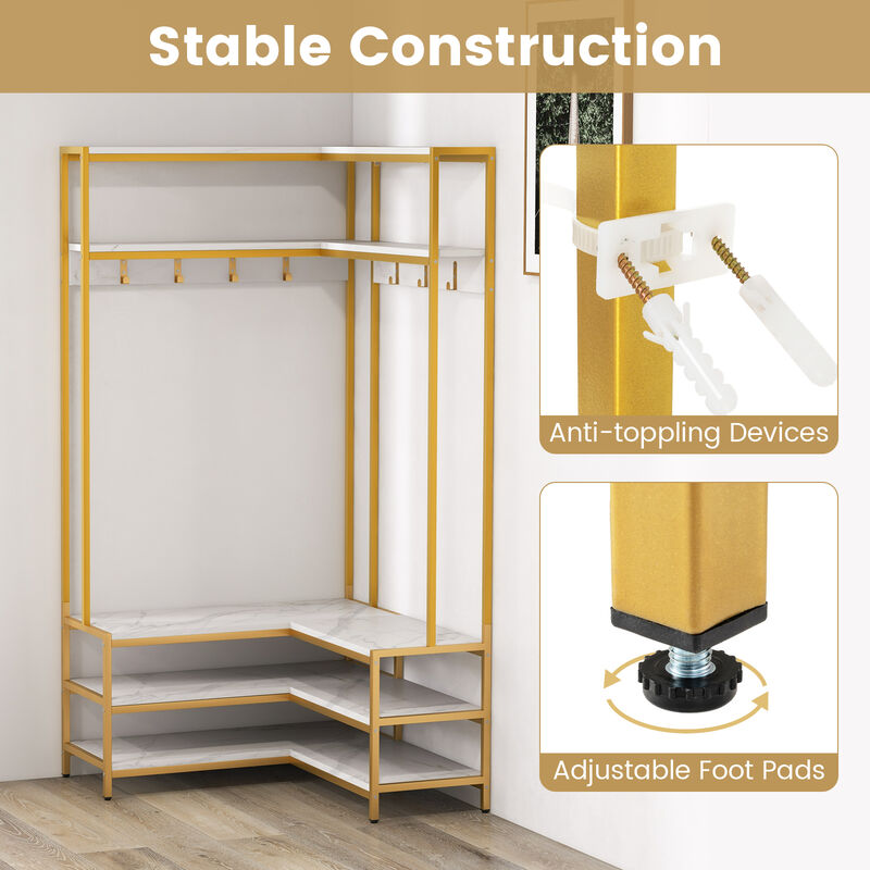 Corner Garment Rack with 7 Hooks, Open Shelves, and Shoe Bench for Entryway