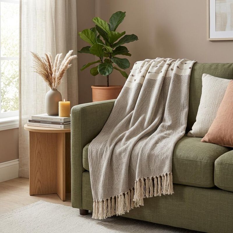 HomeRoots Tufted Beige Fringed Woven Handloom Throw image number 1