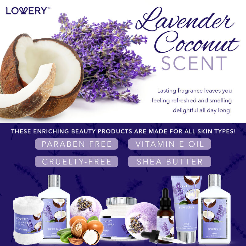 Lovery Home Spa Gift Set - Lavender Coconut - Handmade Pearl Basket - 9pc