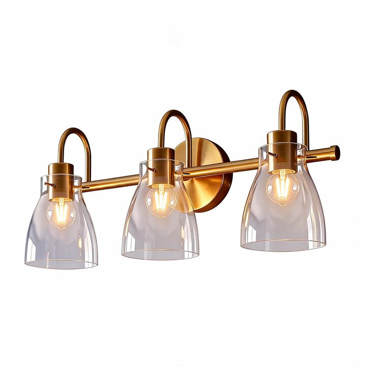 Brushed Brass Bathroom Vanity Light, Three-Light Clear Glass Shades