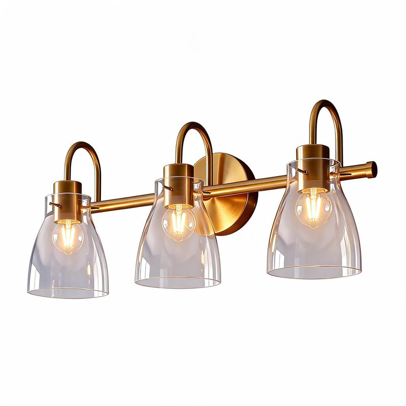 Brushed Brass Bathroom Vanity Light, Three-Light Clear Glass Shades image number 0