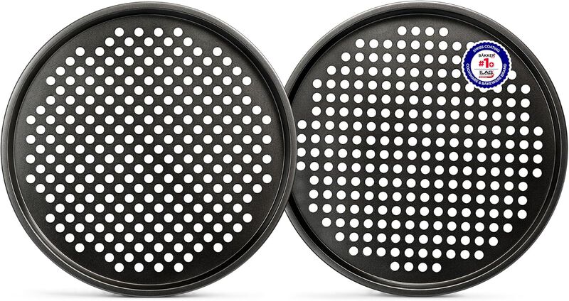 BAKKENMASTER Bakken- Swiss Non-Stick Pizza Pan with Holes - 13-Inch Perforated Pizza Crisper Carbon Steel Pizza Pan - 2 Round Pizza Trays - PFOA PFOS and PTFE Free