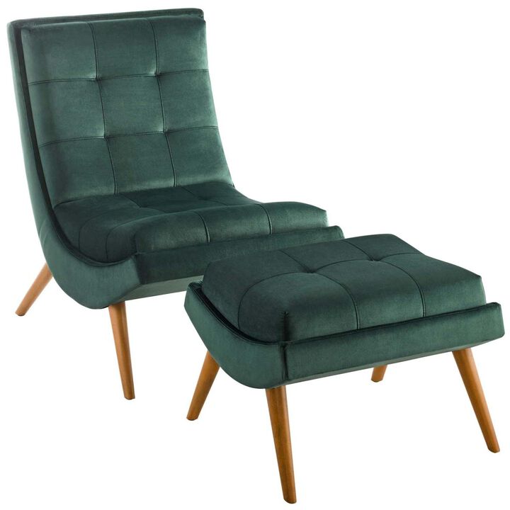 Modway Ramp Biscuit Tufted Performance Velvet Living Room Lounge Chair and Ottoman Set in Green