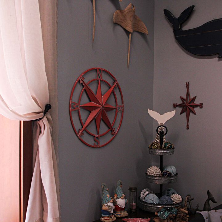 20 Inch Distressed Metal Compass Rose Nautical Wall Decor Indoor Outdoor, Coral