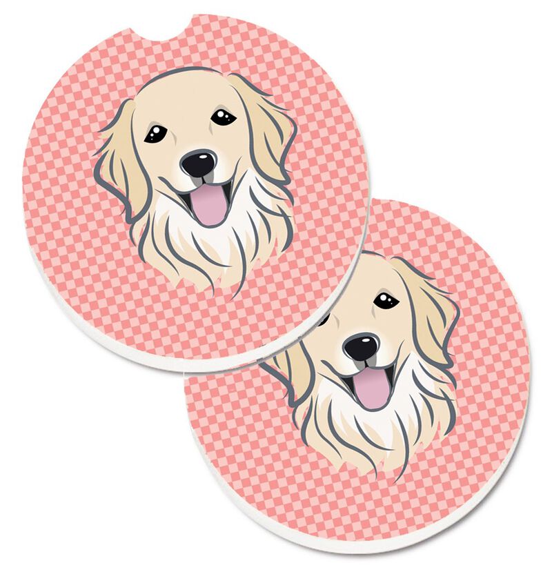Caroline's Treasures Checkerboard Pink Golden Retriever Set of 2 Cup Holder Car Coasters BB1205CARC, 2.56, Multicolor