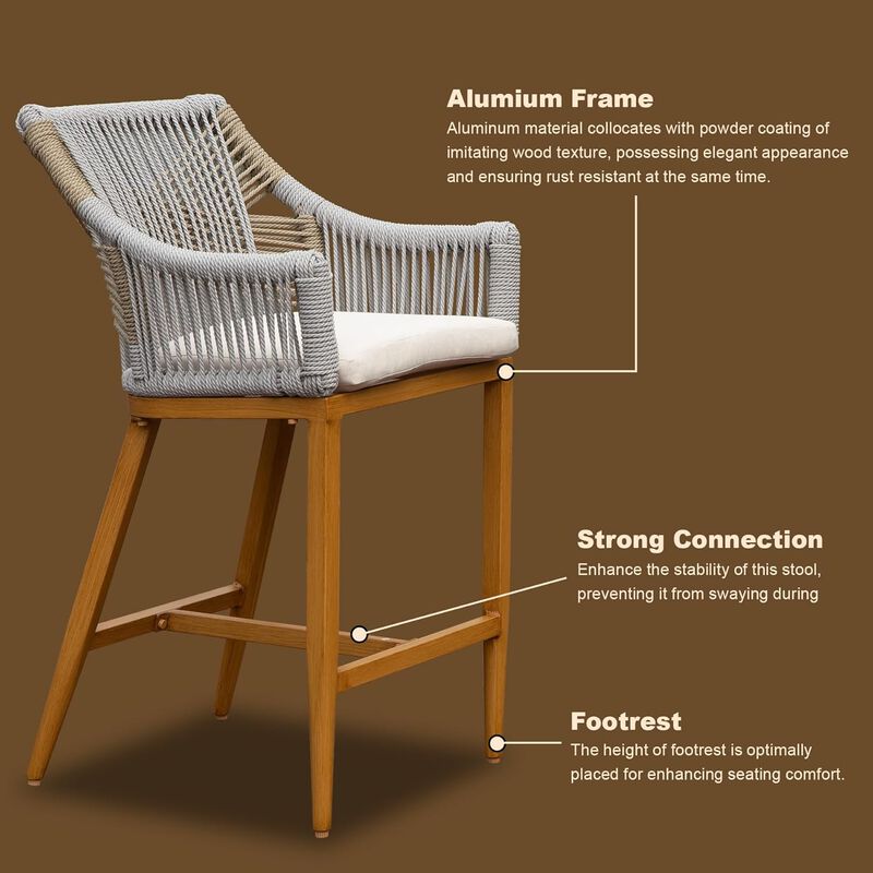 CLIHOME Modern Textilene Bohemian Style Counter Bar Chairs,Outdoor Patio Aluminum Tall Bar Chairs with Cushion(Set of 2) image number 2