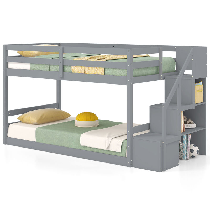 Solid Wood Twin Over Twin Low Bunk Bed with Storage Stairs image number 3