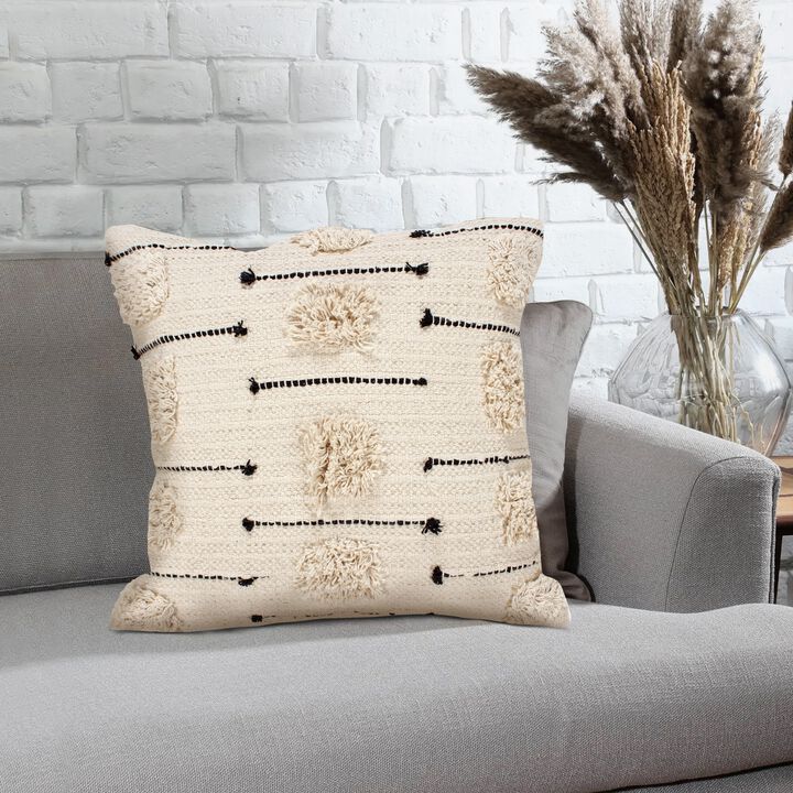 18 x 18 Square Cotton Accent Throw Pillow, Trimmed Shaggy Fringe Accents, Set of 2, Beige, Black-Benzara