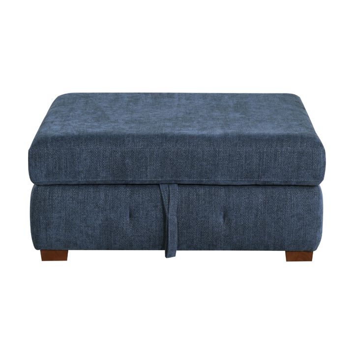 Rez Storage Ottoman, 40 Inch, Tufted Blue Chenille Cushion