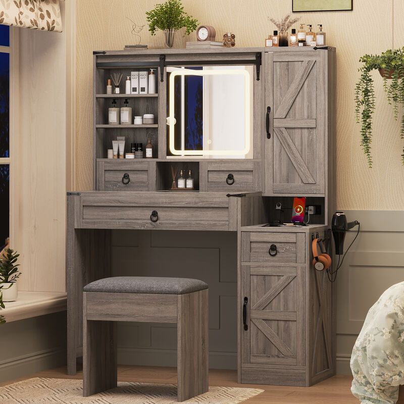 Merax Farmhouse Vanity Desk with Sliding Mirror and Lights image number 2