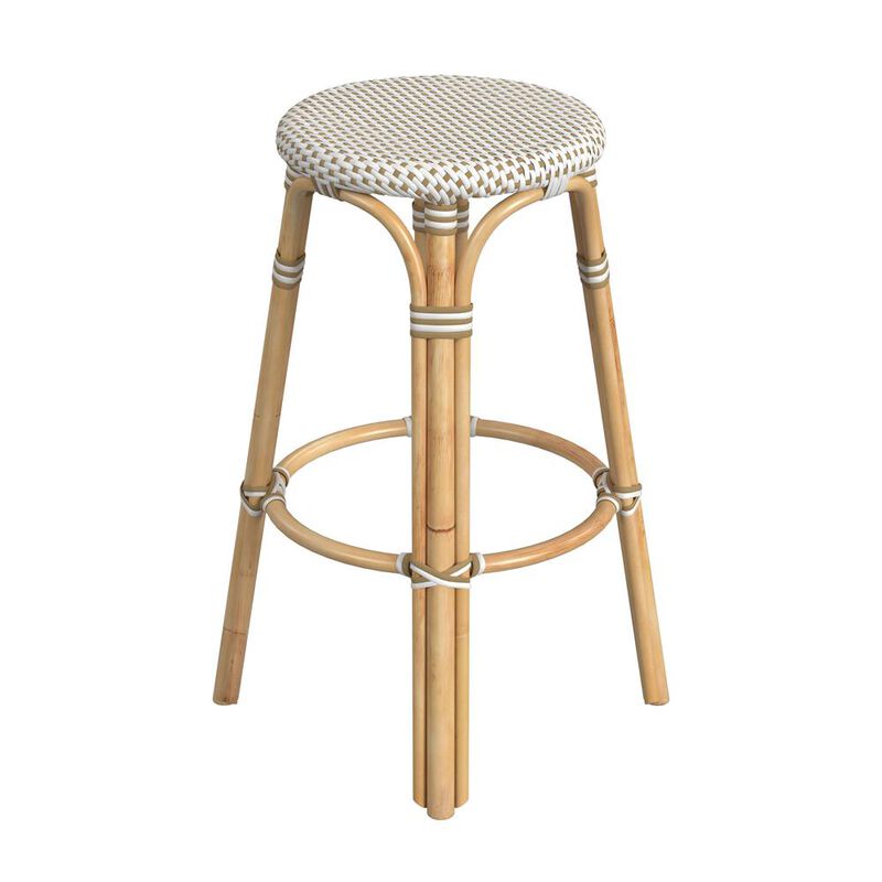 Butler Specialty Tobias Round Rattan 30 Bar Stool, White and Tan Dot