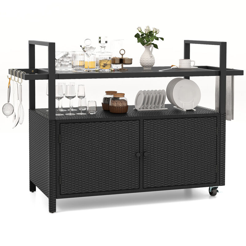 Outdoor Bar Cart Rolling Wicker Buffet Serving Cart with Tempered Glass Top Storage Cabinet