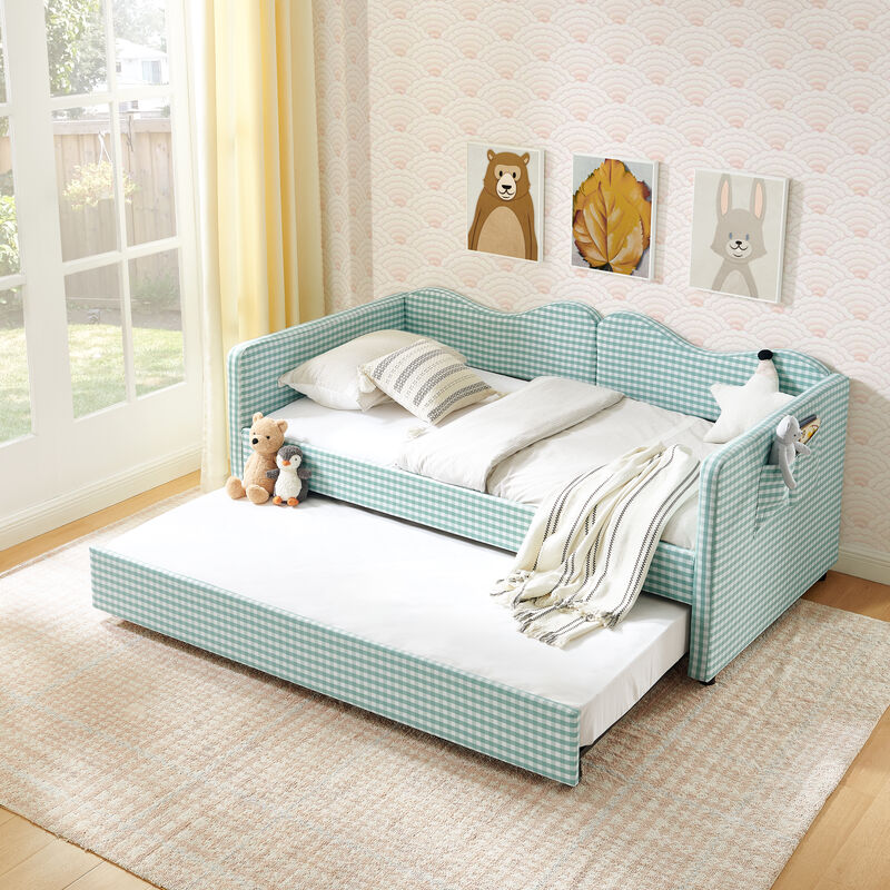 Merax Gingham Daybed with Trundle & Guardrails &ndash; Solid Wood Frame, Side Storage Pocket image number 3