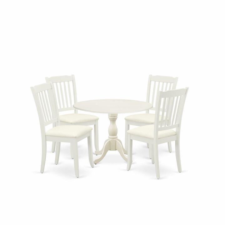 East West Furniture DMDA5-LWH-C 5 Piece Dining Room Set Consists of 1 Drop Leaves Dining Room Table and 4 Linen White Kitchen Chairs with Slatted Back - Linen White Finish