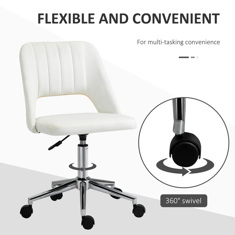 Modern Mid Back Office Chair with Velvet Fabric, Swivel Computer Armless Desk Chair with Hollow Back Design for Home Office, Cream White image number 6