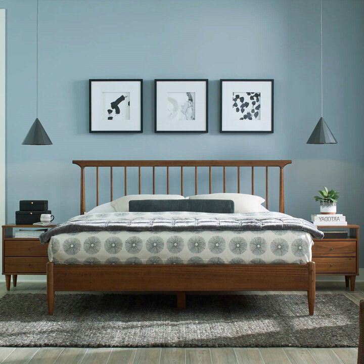 Hivvago King Size Hardwood Mid Century Platform Bed Frame with Headboard in Walnut