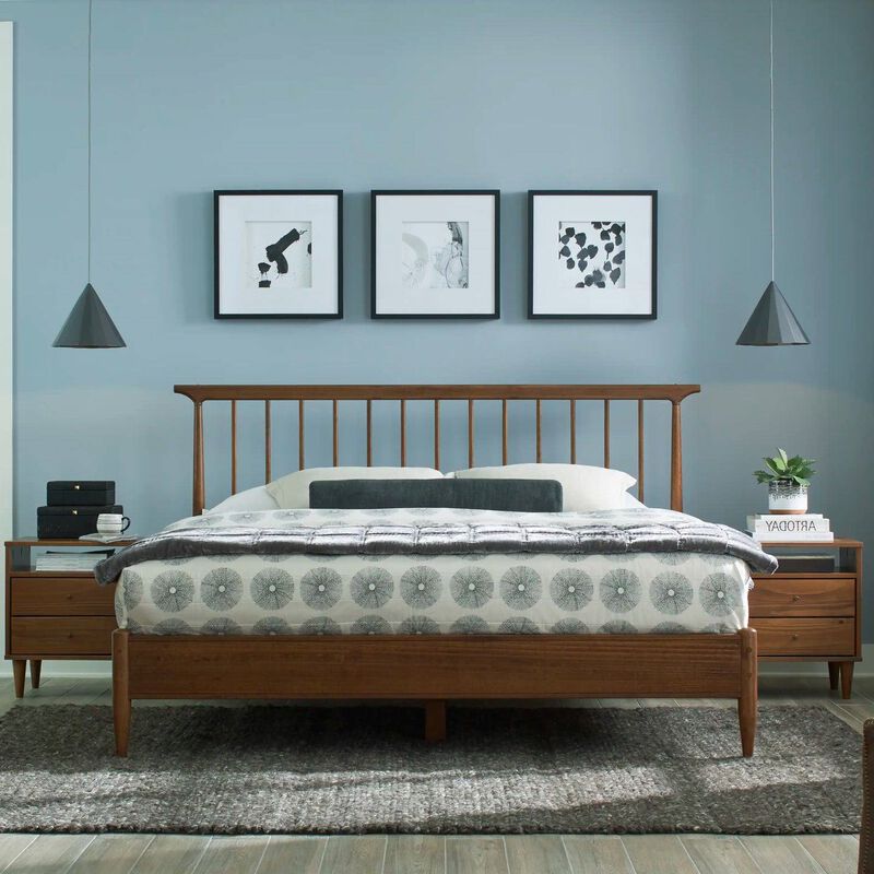 Hivvago King Size Hardwood Mid Century Platform Bed Frame with Headboard in Walnut