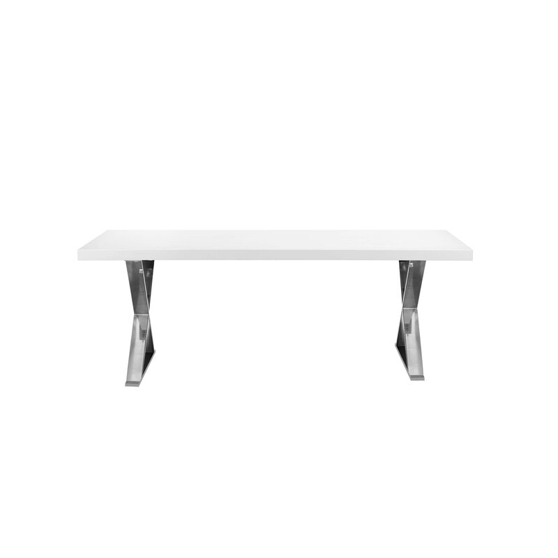 Rix 87 Inch Dining Table, White Wood Top, X Chrome Finished Steel Legs
