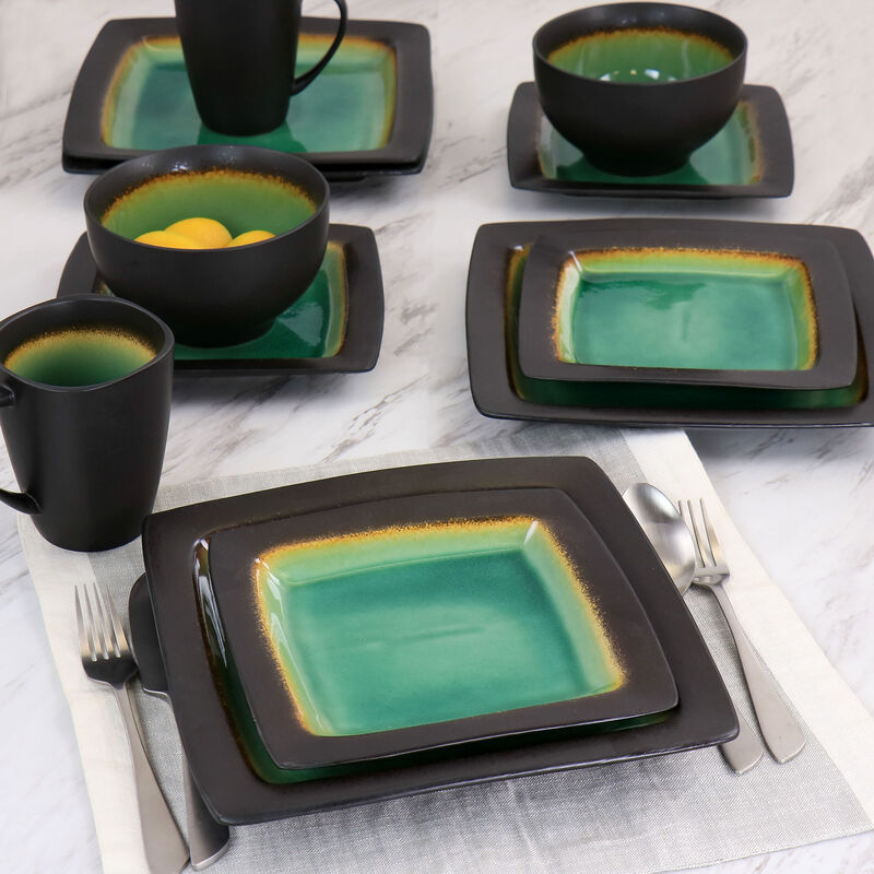 Gibson Elite Ocean Paradise 16 Piece Square Stoneware Dinnerware Set in Jade