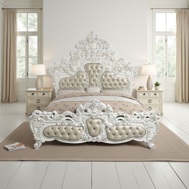 Kin King Size Bed, Ornate Vintage White, Tufted Beige Faux Leather - Benzara