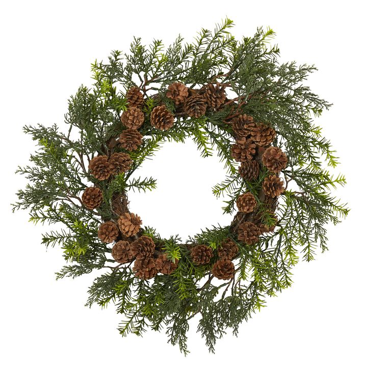 Hivvago 22" Cedar, Grass and Pine Cone Artificial Wreath UV Resistant (Indoor/Outdoor)