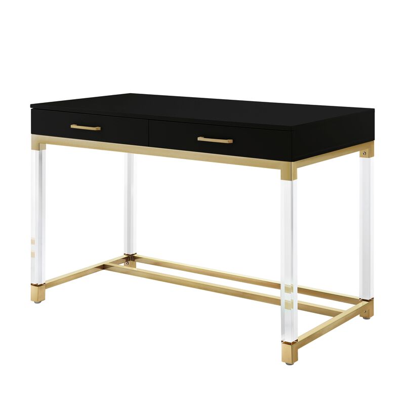 Inspired Home Kalel High Gloss 2 Drawers Writing Desk with Acrylic Legs and Stainless Steel Base