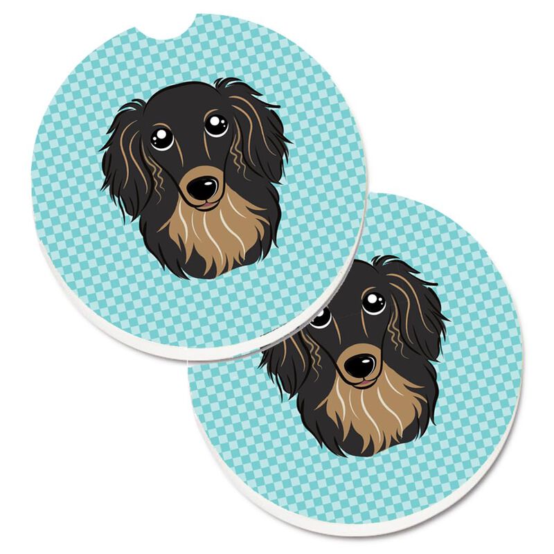 Caroline's Treasures Checkerboard Blue Longhair black & Tan Dachshund Set of 2 Cup Holder Car Coasters BB1151CARC, 2.56, Multicolor