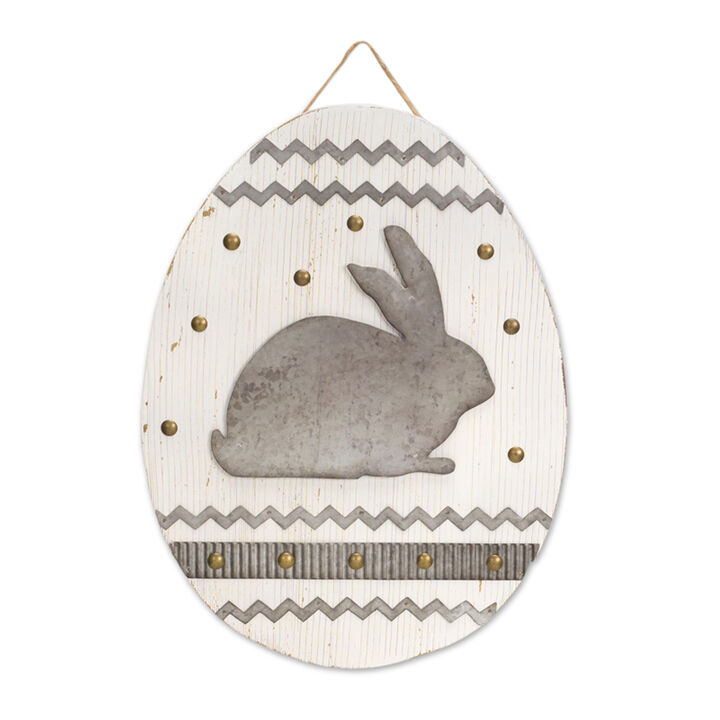 15" White and Gray Bunny Rabbit Egg Shaped Easter Plaque