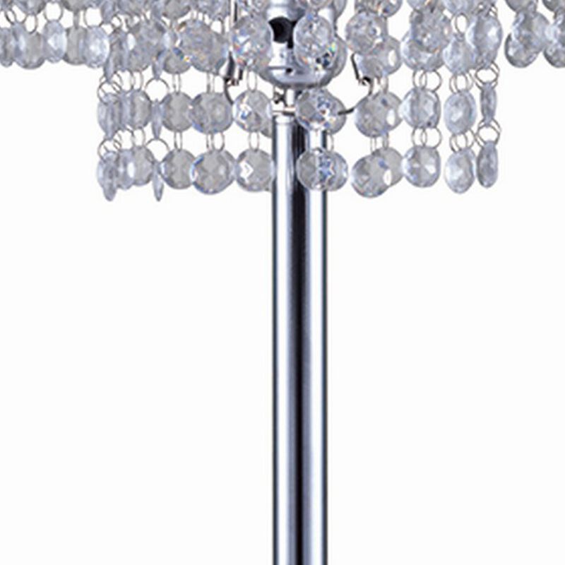 Metal Table Lamp with Hanging Acrylic Beads and USB Plugin, Silver - Benzara
